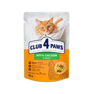 CLUB4PAWS για ενήλικες γάτες άνω των 7 ετών με Κοτόπουλο σε σάλτσα 85gr