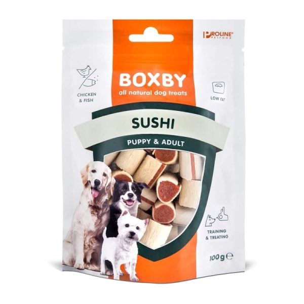 BXB107 Το Bοxby Sushi είναι σνακ για κουτάβια & ενήλικους σκύλους με χαμηλή περιεκτικότητα σε λίπος, χωρίς γλουτένη, ιδανικά για εκπαίδευση.